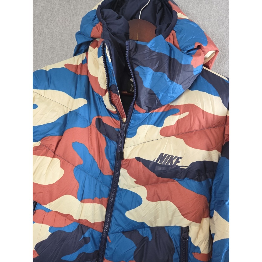Nike Puffer Jacket Mens M Down Fill Hooded Blue Multi Camo Print Retro Zip Up
